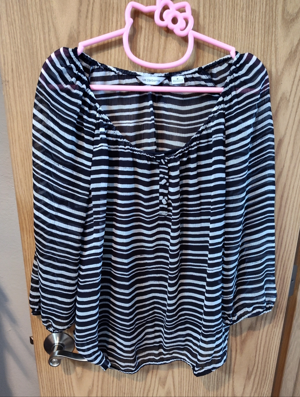 Liz Claiborne Black and White Striped Peasant Top
